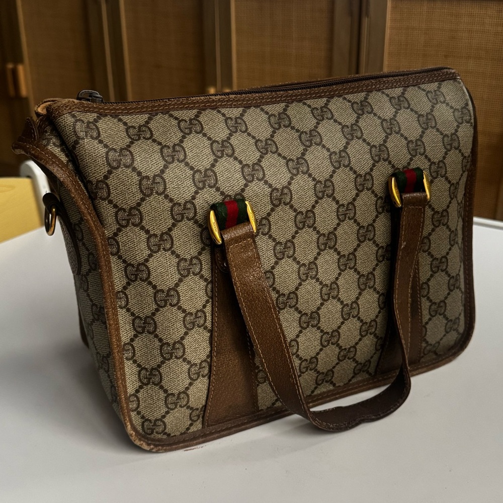 Authentic GUCCI Sherry Line GG Monogram Bag Beige and Brown Monogram Bag - Picture 2 of 15